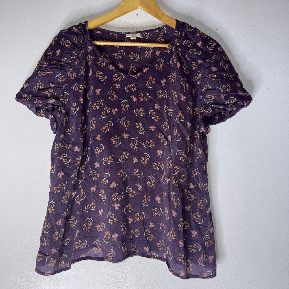 J Jill Purple Floral Rayon Puff Sleeve Short‎ Sleeve Top XL